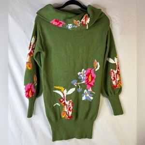 Vibrant Floral‎ Green Cowl Neck Sweater Dress/Large Sweater